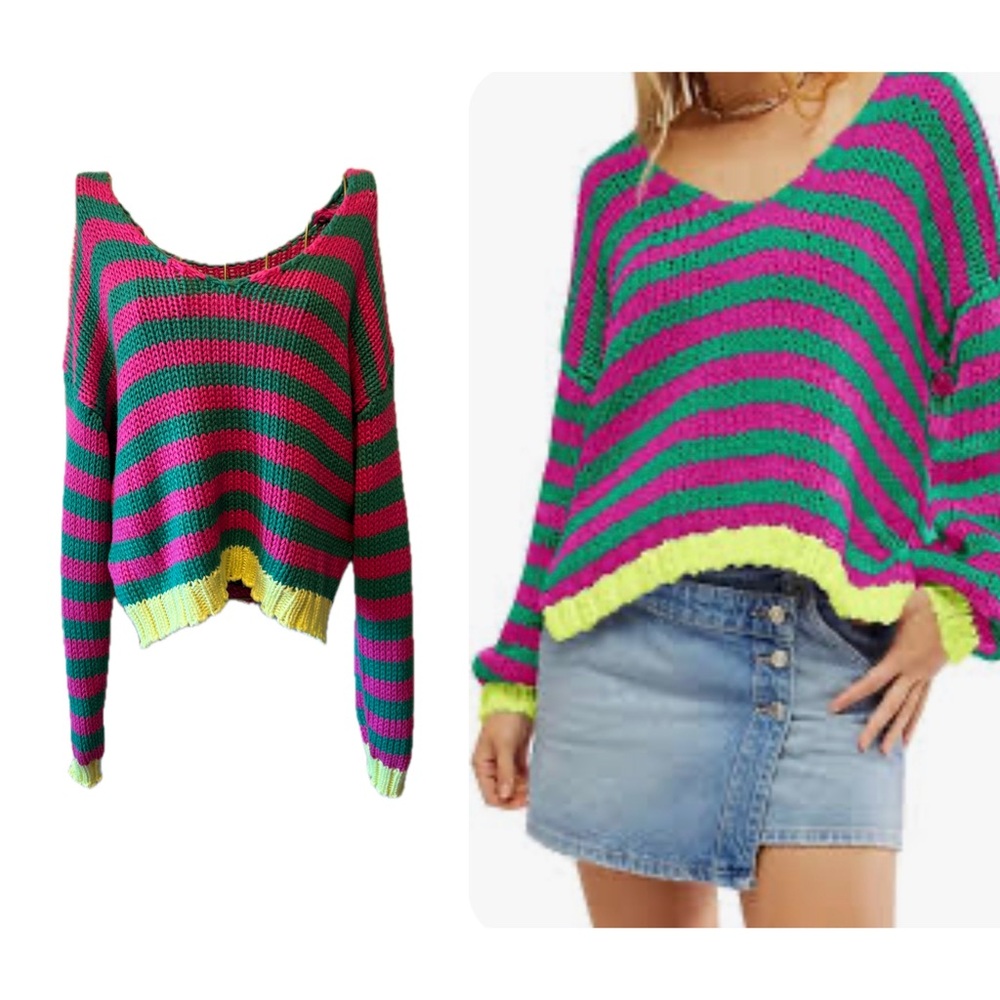 Striped Cropped Knit Sweater in Green and Pink
